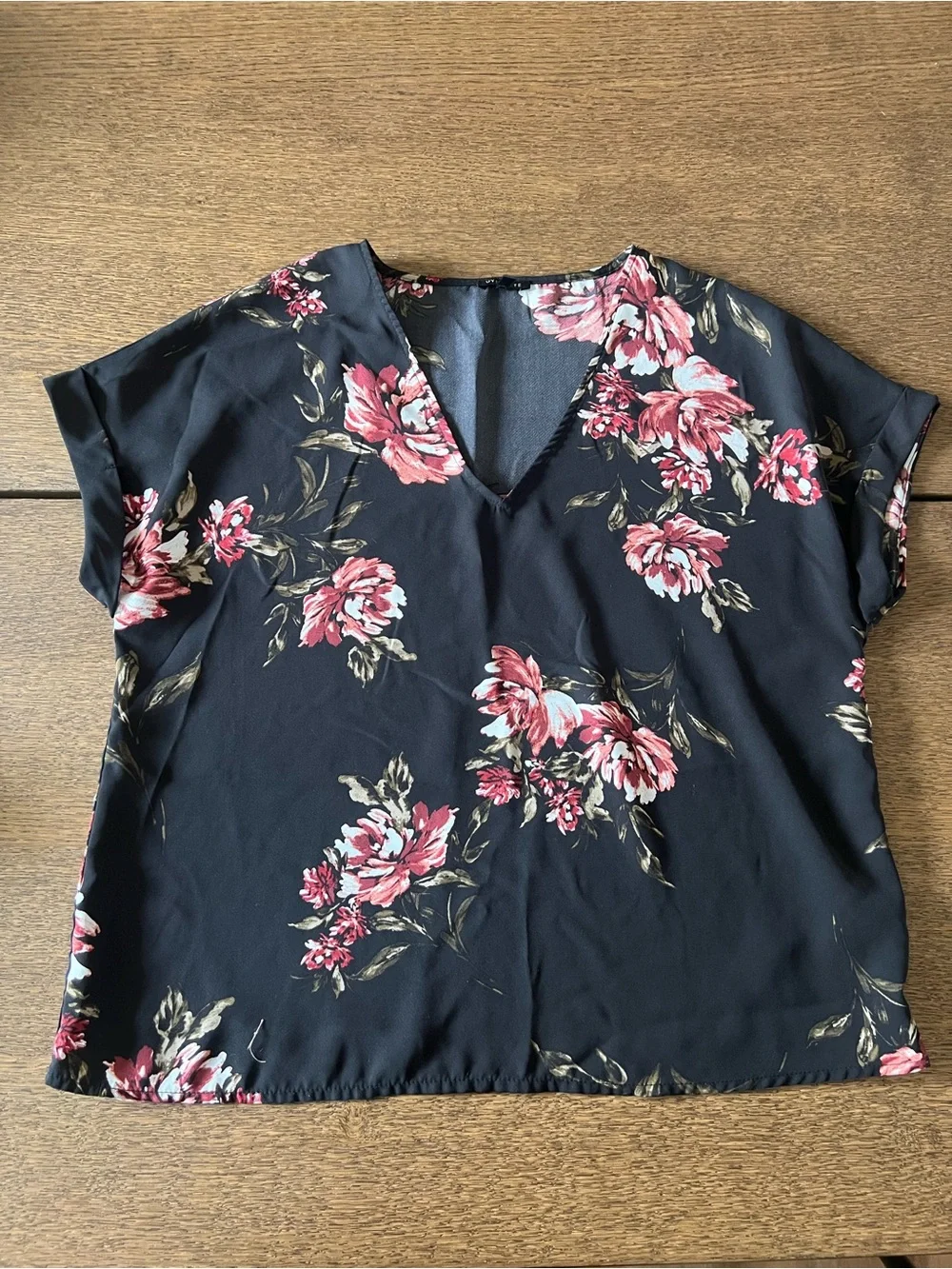 Women’s Black Floral V-Neck Blouse - Red Floral Print - Picture 1 of 5